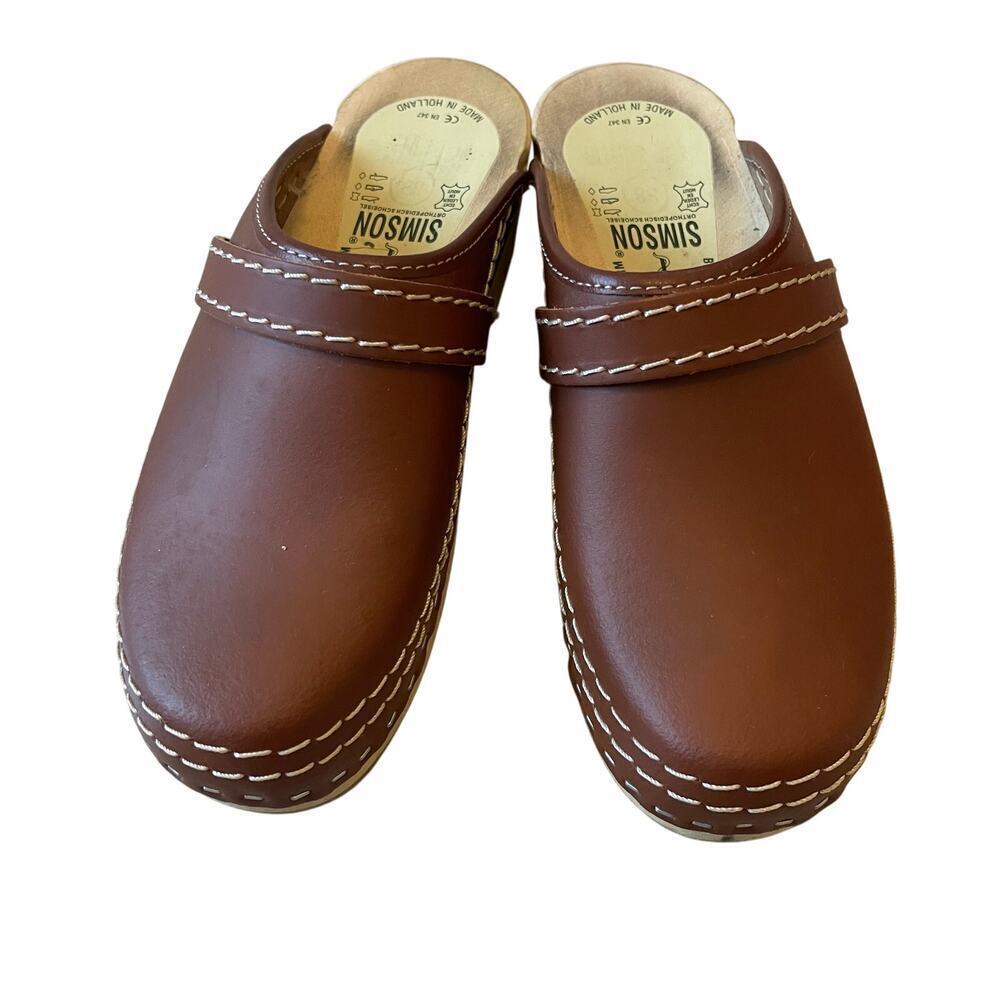 Simson Brown Leather Wood Sole Women's Clogs Slip On Size 38 EU / 7 US